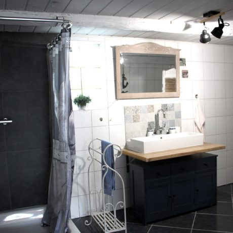 Ein modernes Badezimmer mit einer bodengleichen Dusche mit dunklen Fliesen, einem weißen Aufsatzwaschbecken auf einem dunklen Unterschrank und einem großen Wandspiegel im Ferienhaus QuarTIER in Böchingen.