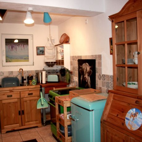 Eine voll ausgestattete Landhausküche mit einem hölzernen Spülenschrank, einem hellblauen Retro-Kühlschrank, einem rustikalen Buffetschrank und verzierten Wandfliesen im Ferienhaus QuarTIER in Böchingen.